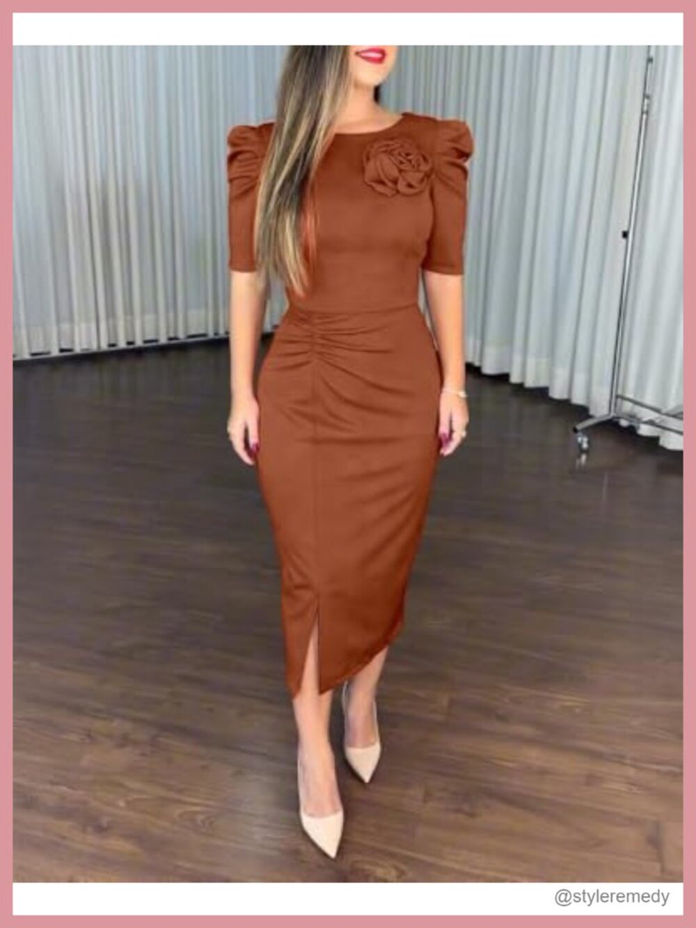Chicme Bodycon Midi Dress With Puff Sleeves Cocktail Pencil Dress For Women View 2